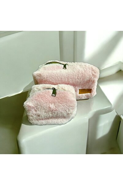 Moserini Soft Pink Plush Makeup Bag, Travel & Cosmetic Bag Set of 2