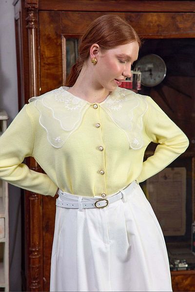 Ceylan Otantik Soft Yellow Knitwear Cardigan with Lace Collar
