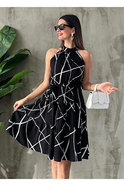 Angel Mia Γεωμετρικό φόρεμα με ζώνη μαύρο