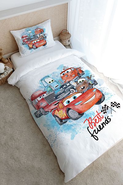 Tuğba Kuğu Single Duvet Cover Set (160X220) - Cartoon Series - Racer Lightning and Friends