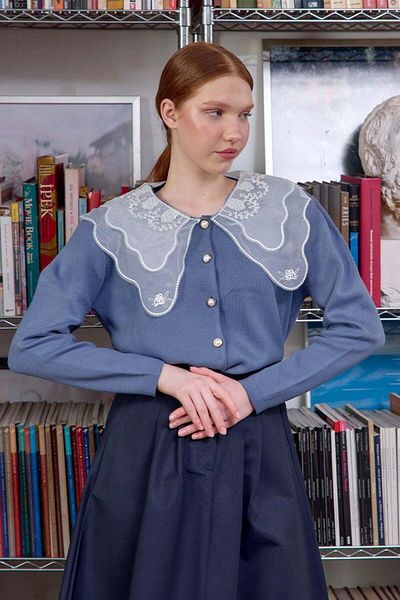 Ceylan Otantik Indigo Knitwear Cardigan with Lace Collar