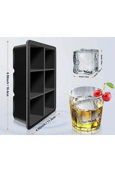 ÇELİK GRUP 6 Compartment Large Size Silicone Ice Mold - 6 Pieces Black Silicone Square Ice Tray Cocktail Presentation Ice Mold