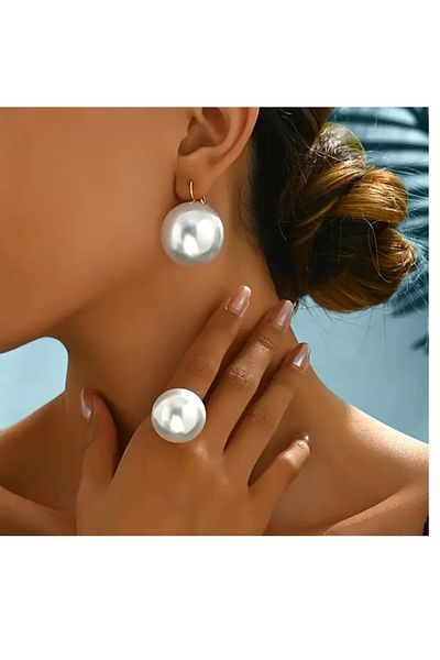 mos&more French Style 3 Piece Gold Pearl Women's Earrings Ring Set