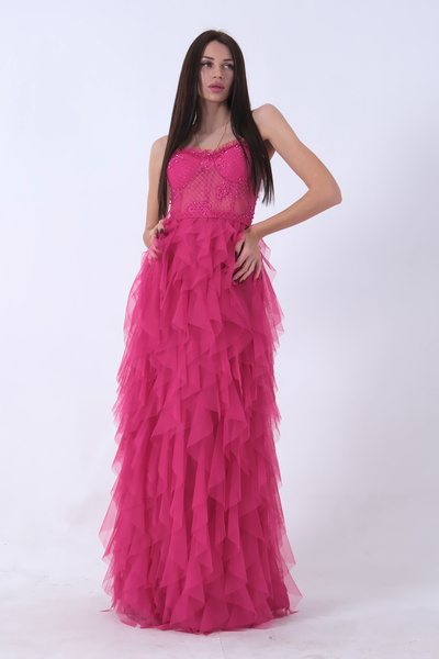 Feminist Transparan Taşlı Eteği Fırfırlı Abiye Fuşya 9705034