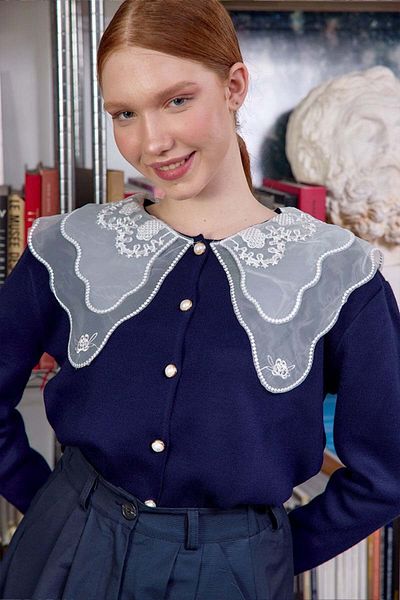 Ceylan Otantik Navy Blue Knitwear Cardigan with Lace Collar