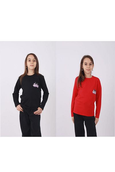 Çiggo Kids Комплект от 2 памучни суитшърта с щампа Kuromi и кръгло деколте за момичета