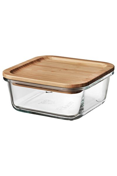 erorex Food container with lid, square glass/bamboo, 600 ml