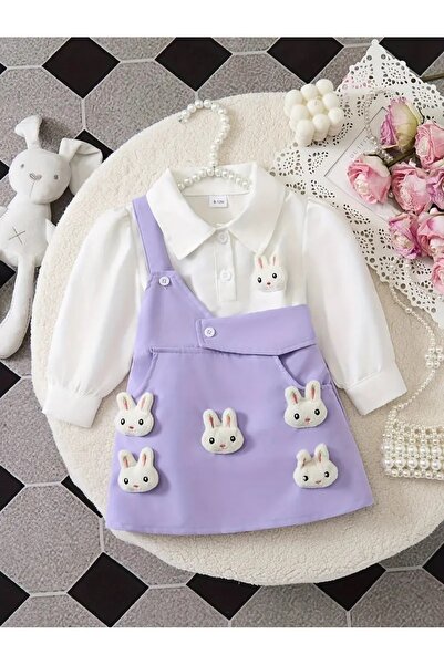 Modakido *İkili Kombin*3 Boyutlu Çiçek/Tavşan Süslenmiş Yeşil Elbise/Mor ve Beyaz Gömlek.Kız Çocuk/Kız Bebek