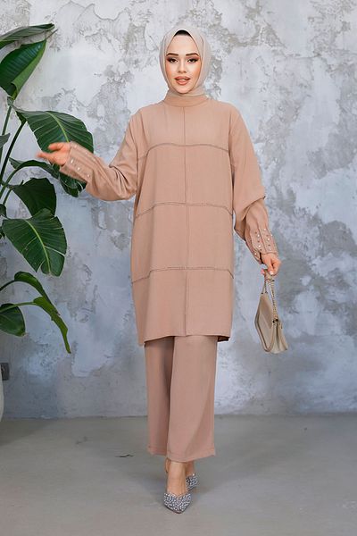 Neva Style Pearl Embroidered Camel Hijab Double Suit 65883C