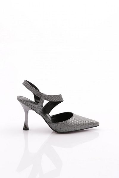 DGN 1002 Pantofi cu toc subțire, elastic, cu spatele deschis, cu vârf ascuțit, argintiu platină