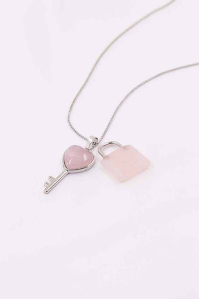 SAURACHI Pembe Kuvars Taşı Doğal Taş Kolye Kilit Anahtar Kolye