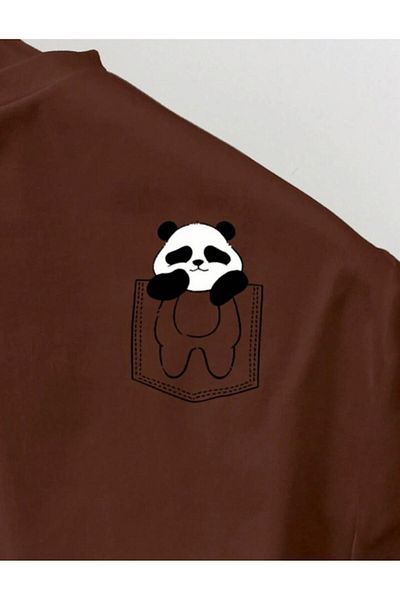 NO 601 Μπλουζάκι Unisex Καφέ Τσέπη Panda με στάμπα Oversize Loose Fit Χτενισμένο Βαμβακερό T-shirt