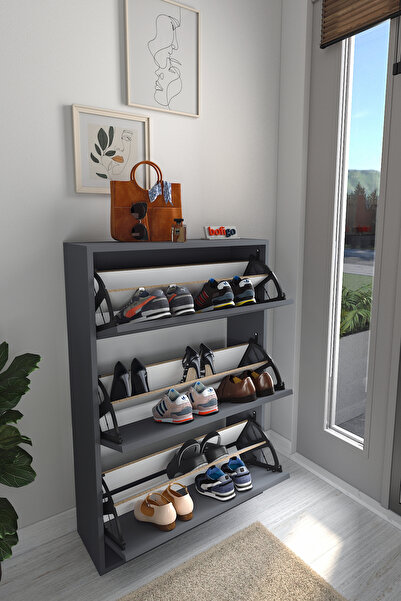 Bofigo Shoerack with 3 Flap Doors, Sliding Shelf Pull-out Drawers 3 tier Shoerack Anthracite