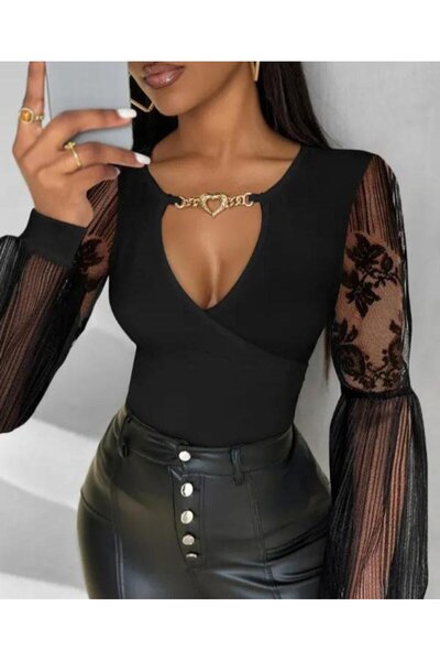 JANES Γυναικείο πέτο με διπλό στήθος Βαθύ μανίκια με λεπτομέρεια από τούλι Ευκαιρία προϊόν Μπλούζα