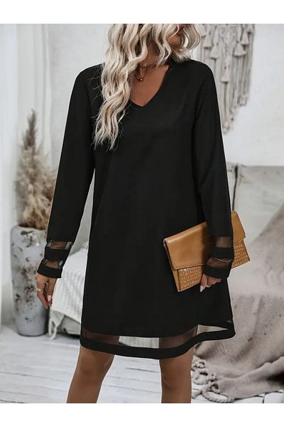 REKA MODA Women's Long Sleeve V Neck Stripe Tulle Detailed Imported Crepe Dress