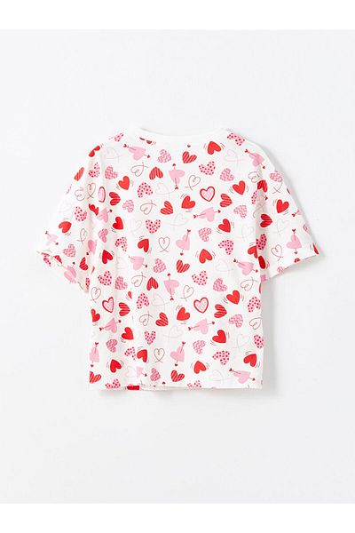 LC Waikiki Lcw Kids Ecru Crew Neck Heart Printed Girls' Sleepwear Top