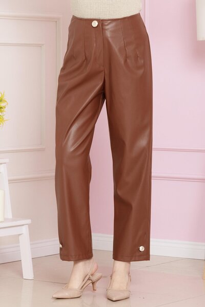 Sevitli Δερμάτινο παντελόνι με λεπτομέρεια με κουμπί-Ταν