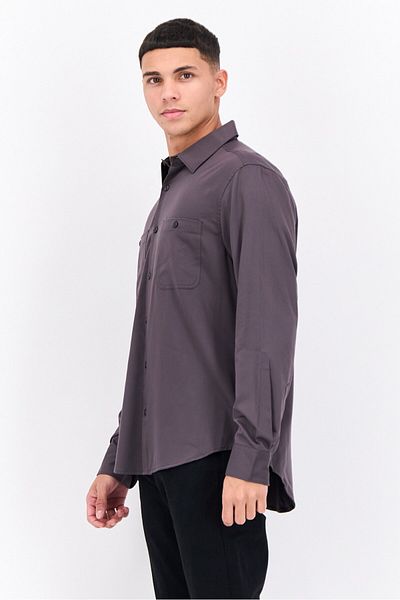 Perry Ellis Men Regular Fit Solid Long Sleeves Casual Shirt, Dark Grey