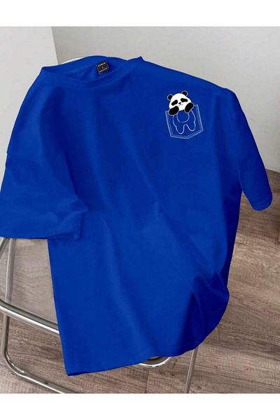 NO 601 Μπλουζάκι Unisex Saks Blue Pocket Panda με στάμπα Oversize Loose Fit χτενισμένο βαμβακερό μπλουζάκι
