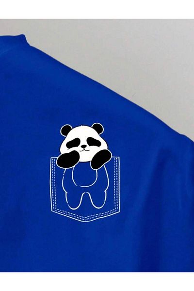 NO 601 Μπλουζάκι Unisex Saks Blue Pocket Panda με στάμπα Oversize Loose Fit χτενισμένο βαμβακερό μπλουζάκι