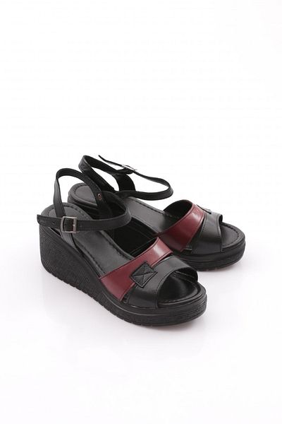 DGN Women's Row Double Banded Wedge Sandals Genuine Leather Black Claret Red 2495318