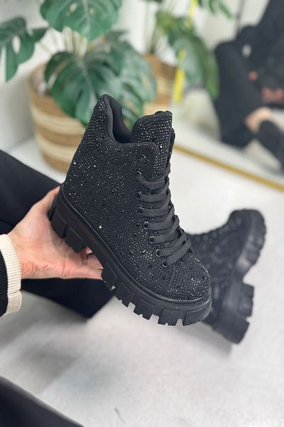 İmerShoes Cizme negre pentru femei fără unelte - vârf oval cu șireturi, toc înalt ușor, cizme cu talpă groasă zimțată 441