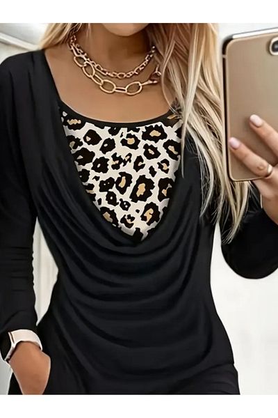 Modayakamoz Rochie scurtă de damă, cu mânecă lungă, cu guler degajat, cu detalii leopard, cu buzunare