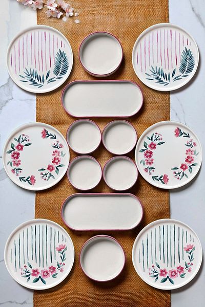 Kitchen Life 14 Piece Sakura Stackable Breakfast Set for 6 People - Luxury Breakfast Presentation Set Plate