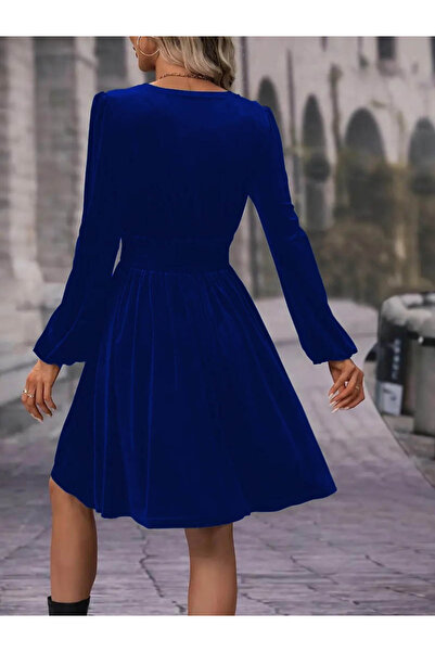 BEFAON Women's Long Sleeve Double Breasted Collar Elastic Waist Kiloş Velvet Dress