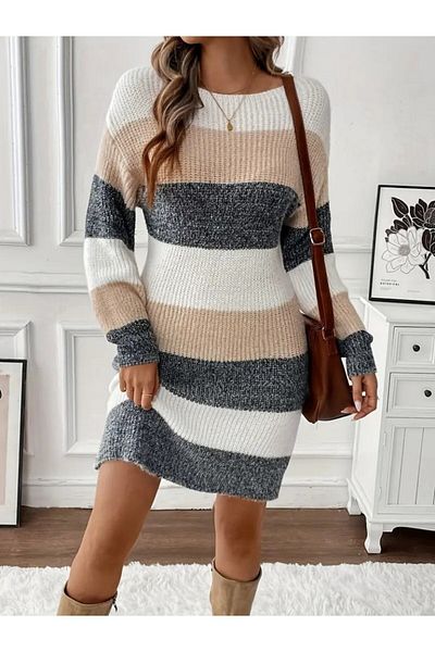 Kokosh moda Rochie de damă cu mânecă lungă, cu gât rotund, cu dungi multicolore