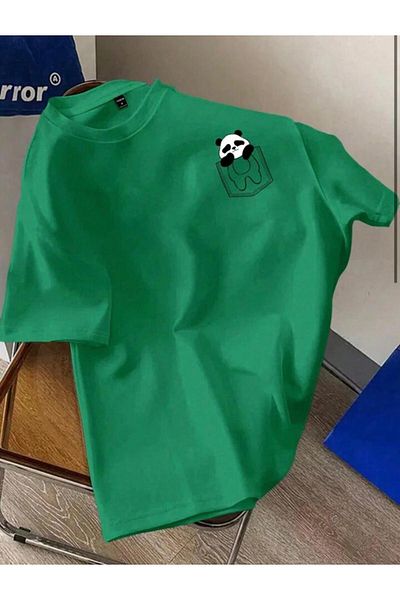 NO 601 Μπλουζάκι Unisex ανοιχτό πράσινο με τσέπες Panda με στάμπα Oversize Loose Fit χτενισμένο βαμβακερό μπλουζάκι