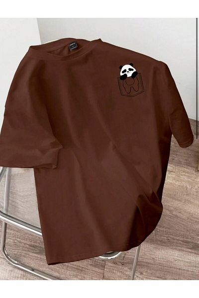 NO 601 Μπλουζάκι Unisex Καφέ Τσέπη Panda με στάμπα Oversize Loose Fit Χτενισμένο Βαμβακερό T-shirt