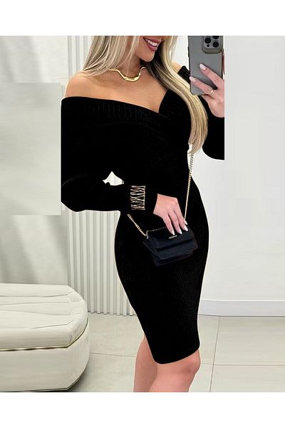 MODAVERA    Women's Long Sleeve Off-The-Shoulder Double-Breasted Collar Short Knitwear Dress