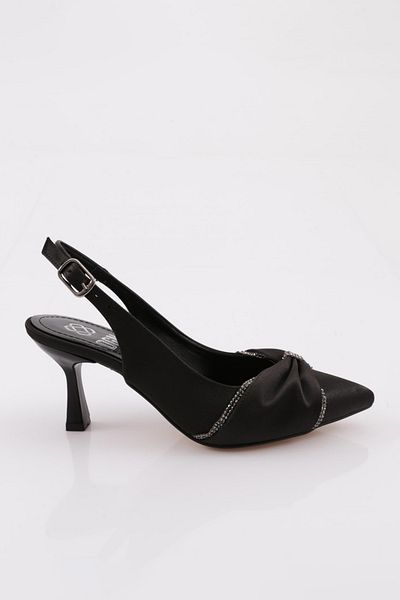 DGN A782 Pantofi cu toc joasă cu panglică pentru femei, cu spatele deschis, satin negru