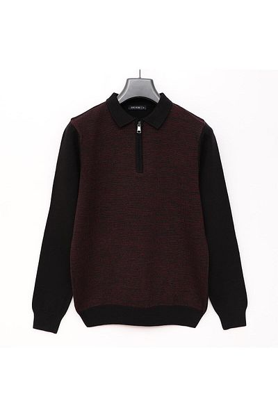 Dio Rise Men's Unlined Long Sleeve Slim Zip Polo Neck Sweatshirt - 180817 - Black - Dark Claret Red