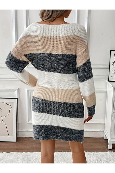 Kokosh moda Rochie de damă cu mânecă lungă, cu gât rotund, cu dungi multicolore