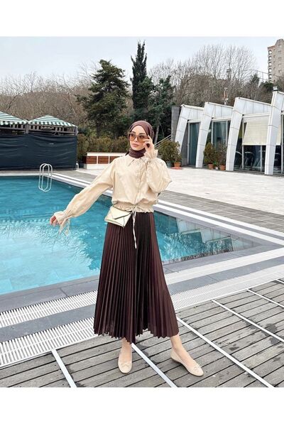 modayaselam Pleated Leather Look Hijab Skirt