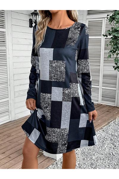 Simala Rochie de damă cu mânecă lungă, cu decolteu rotund, cu un singur jerseu geometric