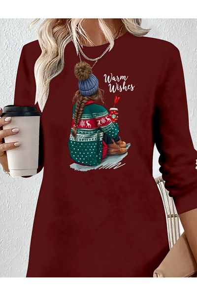 İpeksi Silky Women's Long Sleeve Crew Neck Patterned Viscose Two Thread Dress
