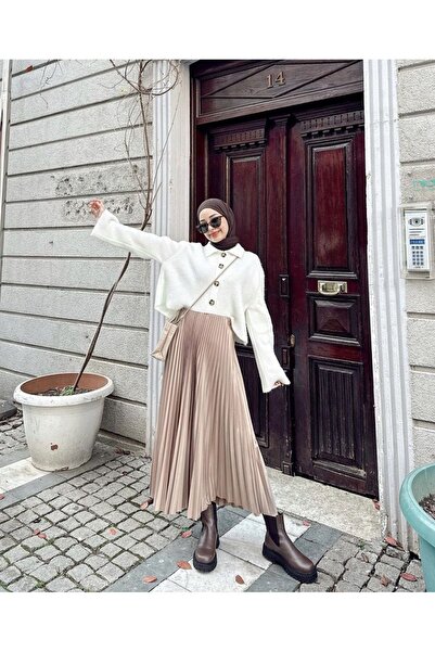 modayaselam تنورة حجاب ذات مظهر جلدي مطوي