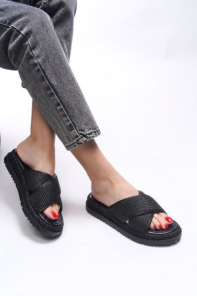 Riccon Γυναικείες παντόφλες Civrurth Black Straw - 0012610