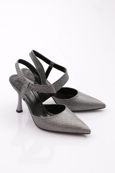 DGN 1002 Pantofi cu toc subțire, elastic, cu spatele deschis, cu vârf ascuțit, argintiu platină