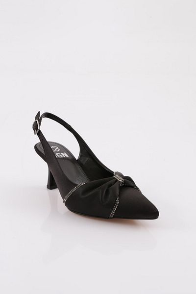 DGN A782 Pantofi cu toc joasă cu panglică pentru femei, cu spatele deschis, satin negru