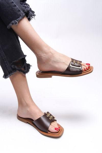 Riccon Γυναικείες παντόφλες Brenthaela - Γνήσιο δέρμα, Καφέ, 00120764