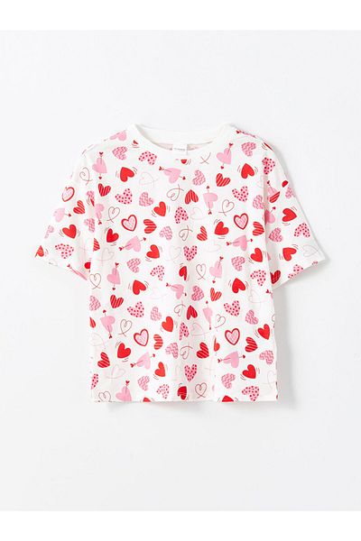 LC Waikiki Lcw Kids Ecru Crew Neck Heart Printed Girls' Sleepwear Top