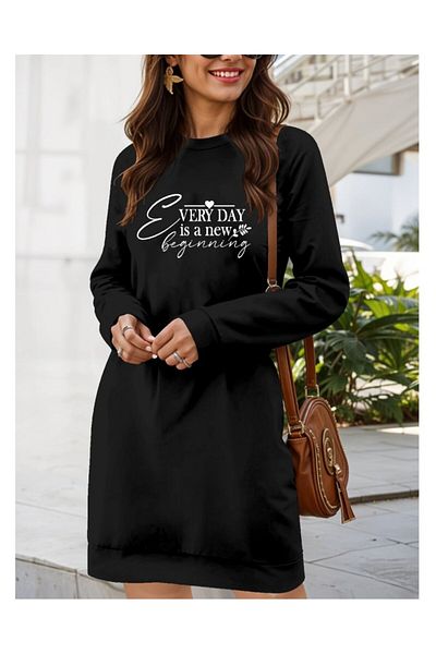 İpeksi Silky Women's Long Sleeve Crew Neck Short Viscose Two Thread Dress