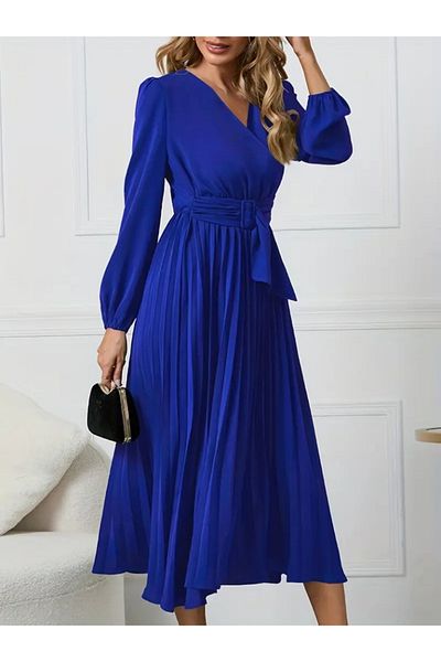 JANES Rochie de damă cu mânecă lungă, cu rever dublu, cu detaliu de cataramă în talie, plisată, lungă, din crepon importat