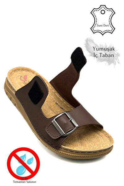 sermoda Ανδρικές παντόφλες από συνθετικό δέρμα με διπλή ταινία με Velcro και πόρπη ελαφριά σόλα καφέ