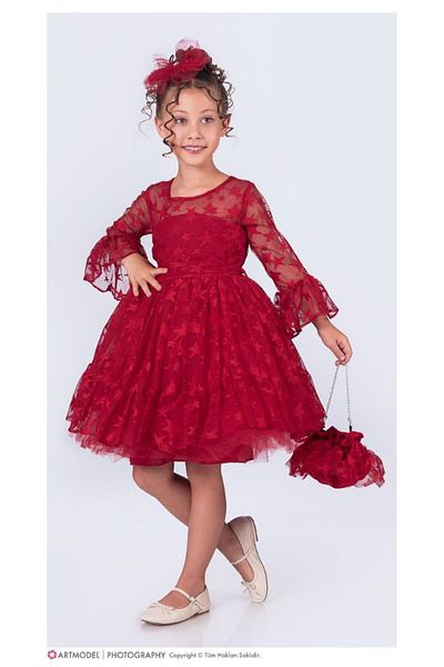 ABİYEKİDS Star Print Buckle Evening Dress for 6-10 Years Old Children - Graduation Show Aby204