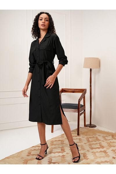 Tokyo Talkies By Styli Solid Shirt Midi Dress with Waist Tie Detail